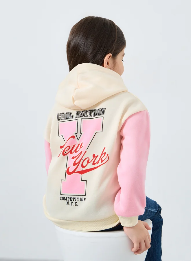 Styli Styli Girls Beige Color Block Printed Hoodie