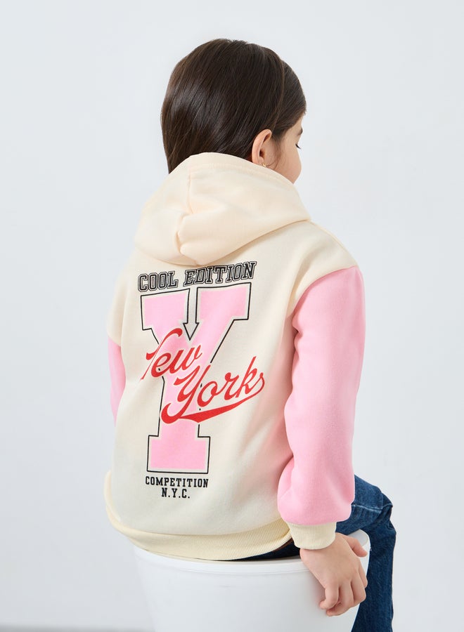 Styli Girls Beige Color Block Printed Hoodie - Image 1
