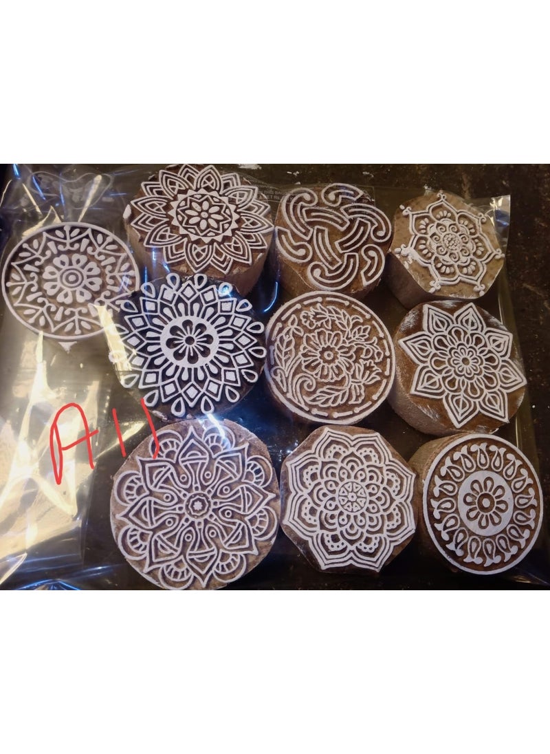 Wooden Block Stamps for Fabric Printing Traditional Mandala Design Round Shape Set of 10 
