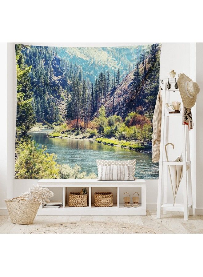 Ambesonne Landscape Tapestry Scenic Mountain With Pine Trees And Flowing River Colorful Foliage Daytime Nature Wide Wall Hanging For Bedroom Living Room Dorm 60" X 40" Night Blue - Image 3