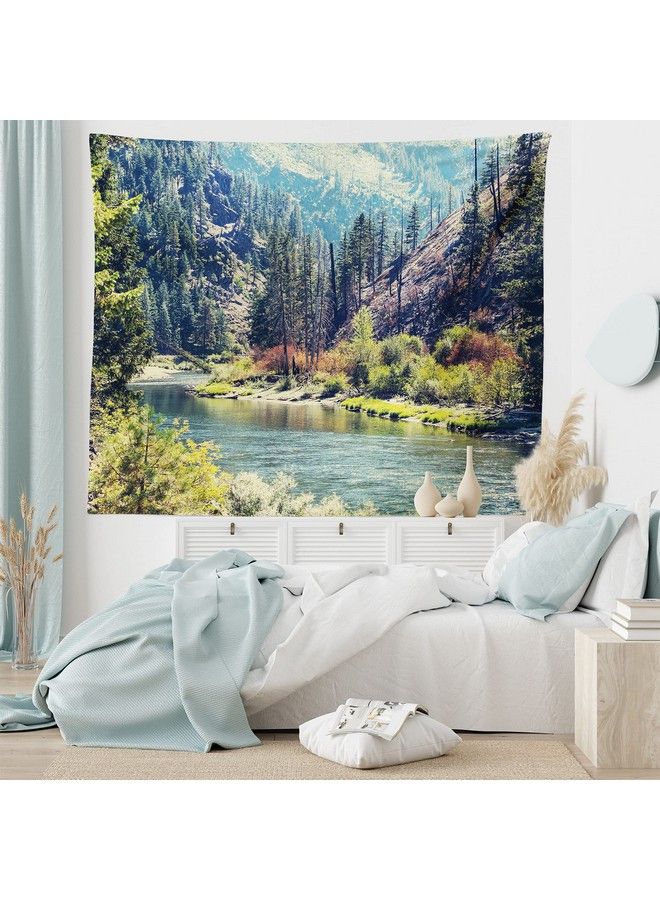 Ambesonne Landscape Tapestry Scenic Mountain With Pine Trees And Flowing River Colorful Foliage Daytime Nature Wide Wall Hanging For Bedroom Living Room Dorm 60" X 40" Night Blue - Image 2