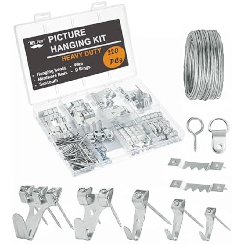 - Picture Hanging Kit, 220pc, Picture Hangers, Nails for Hanging Pictures, Wall Hangers, Picture Hanging, Picture Hanging Hooks, Frame Hanging Hardware, Picture Hooks, Wall Hanging Kit - Image 1