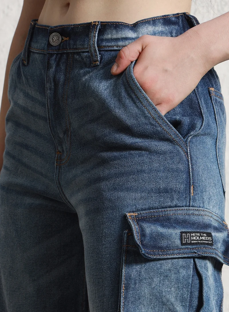 Hubberholme Relaxed Fit Indigo Cargo Jogger Jeans for Women