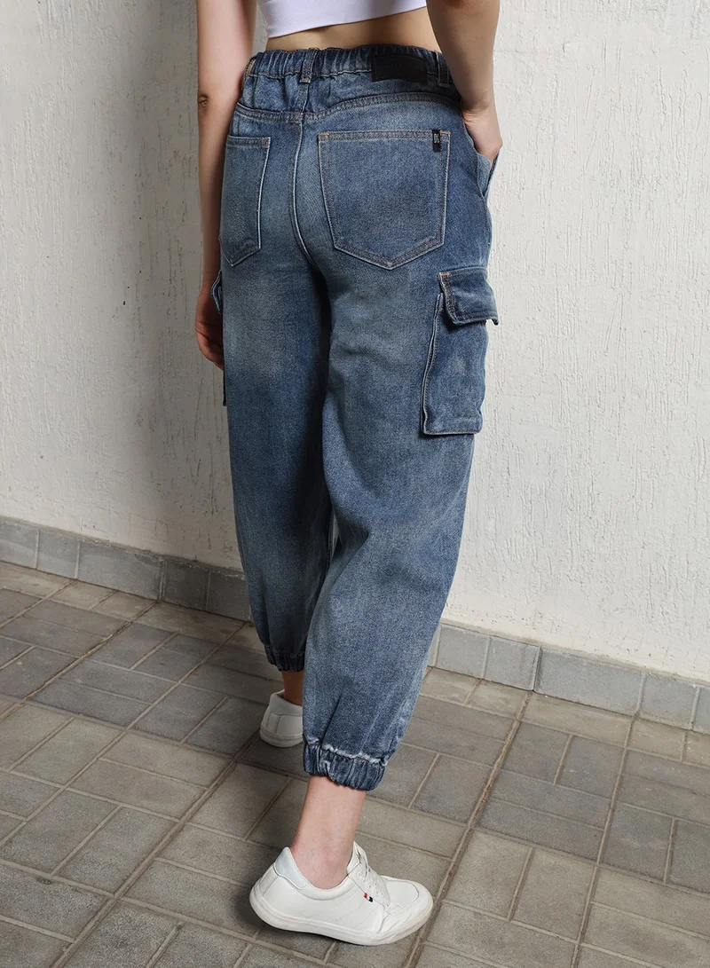 Hubberholme Relaxed Fit Indigo Cargo Jogger Jeans for Women