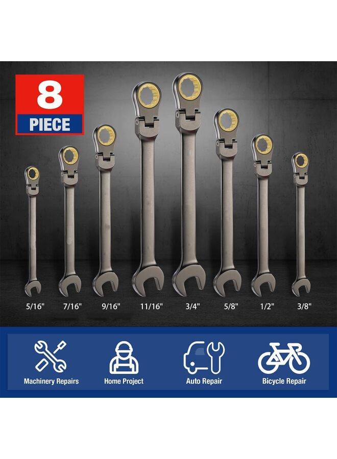Flex-Head Ratcheting Combination Wrench Set, SAE 5/16-3/4 in, 72-Teeth, Nickel Plating with Organizer Bag 8PCS  - Image 2