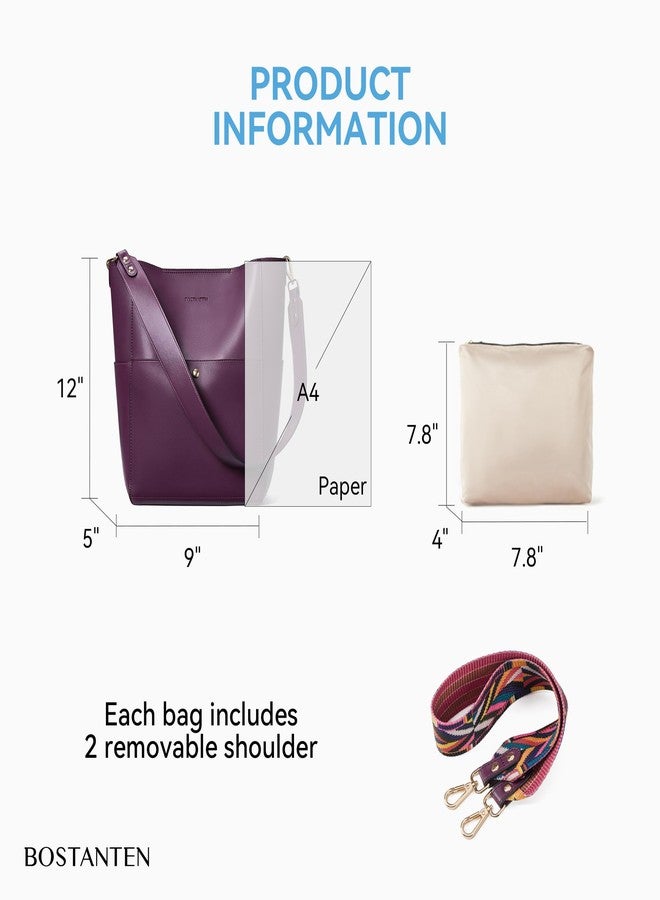 BOSTANTEN Women's Leather Designer Handbags Tote Purses Shoulder Bucket Bag Purple - Image 3