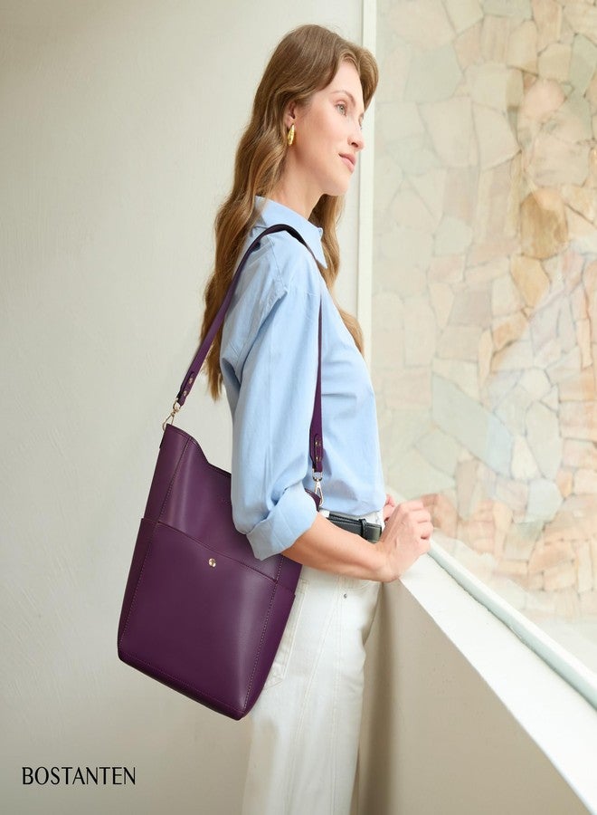 BOSTANTEN Women's Leather Designer Handbags Tote Purses Shoulder Bucket Bag Purple - Image 2