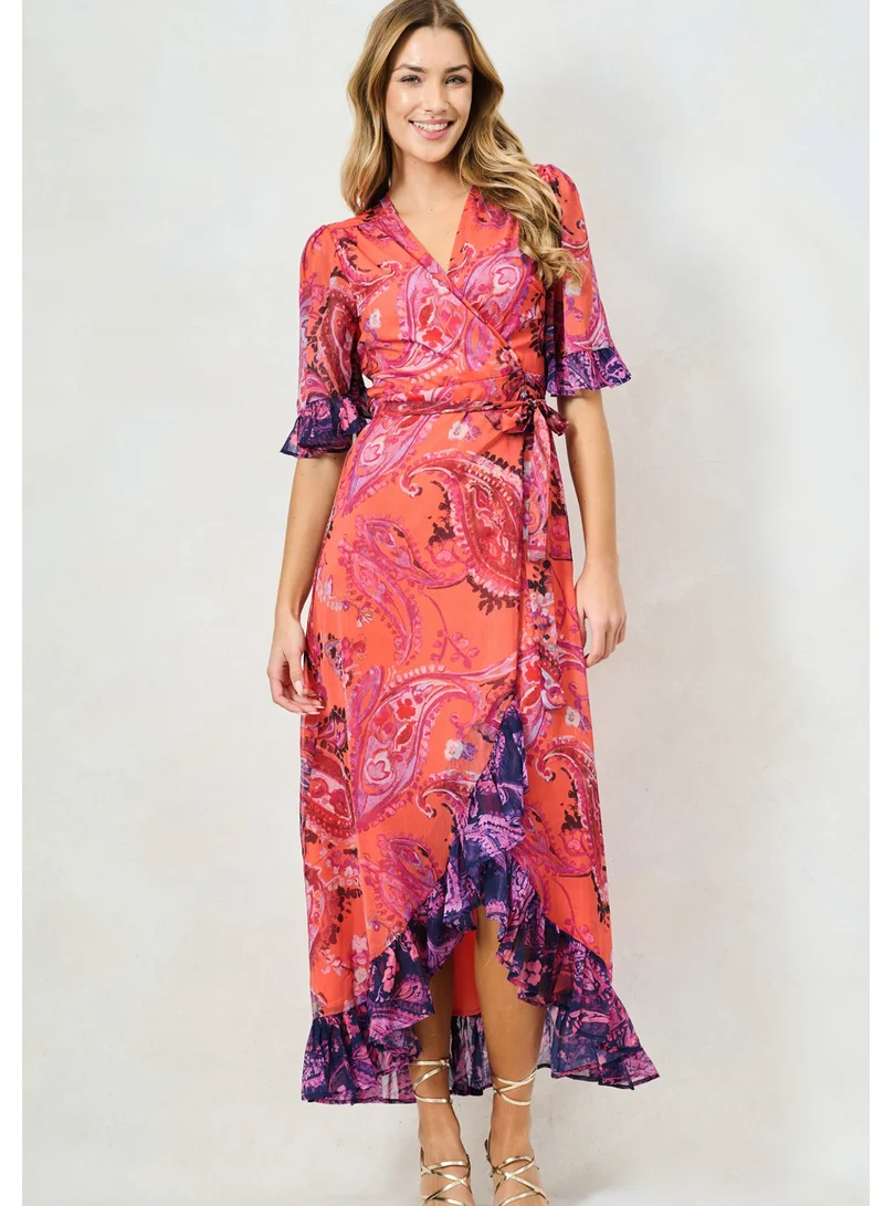 هوب اند ايفي فستان ماكسي ملفوف بكشكش متباين وحزام ربط