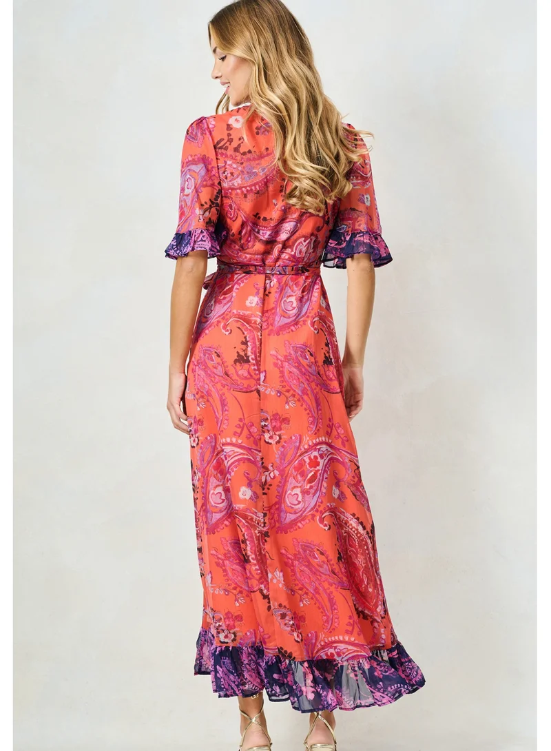 هوب اند ايفي فستان ماكسي ملفوف بكشكش متباين وحزام ربط