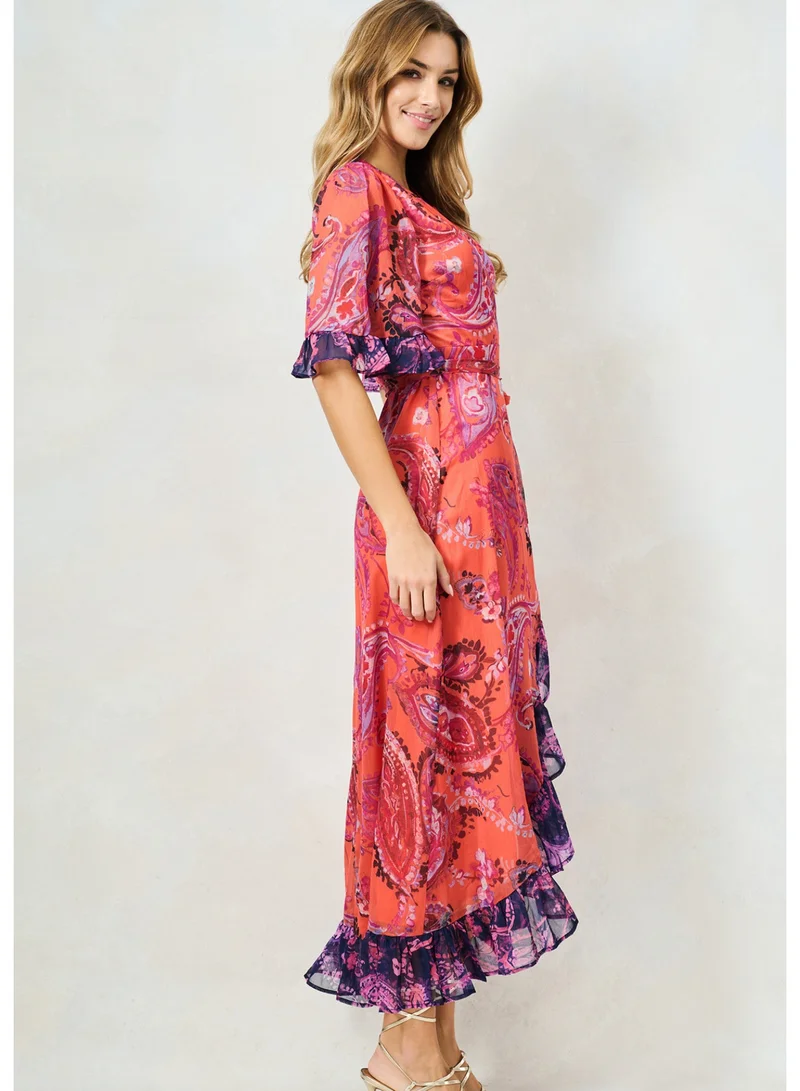 Hope & Ivy  Contrast Frill Maxi Wrap Dress with Tie Waist for Women | Best Price UAE