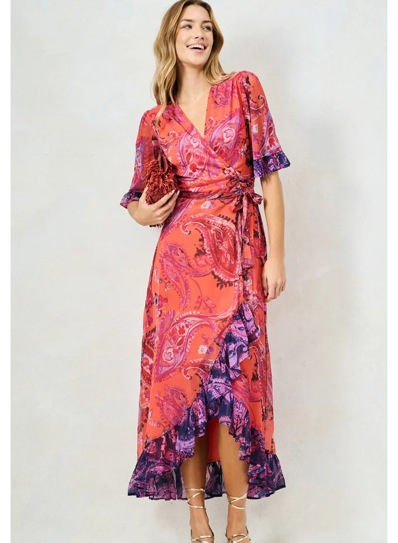 Hope & Ivy  Contrast Frill Maxi Wrap Dress with Tie Waist for Women | Best Price UAE