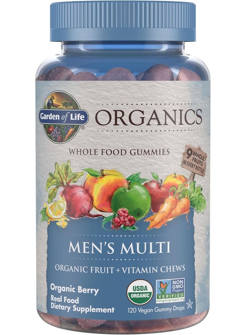 Garden of Life Organics Men's Gummy Vitamins - Berry - Certified Organic, Non-GMO, Vegan, Kosher Complete Multi - Methyl B12, C & D3 - Gluten, Soy & Dairy Free, 120 Real Fruit Chew Gummies - Image 1