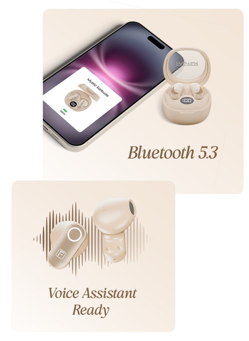 Faster Mystic Wireless Earbuds, Bluetooth 5.3 Earphones, 4Hrs Playback Ear Buds Premium Deep Bass Ear phones Stylish Charging Case- Digital Display, Touch Control Headphones for iOS Android Workout- Stylish Charging Case Premium Deep Bass Wireless Earphone (Golden)  - Image 3