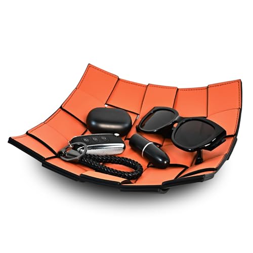 MSJGA Valet Tray PU Leather Key Holder Bowl for Women and Men Entryway Table Nightstand Desk Tray for Wallet Keys Mens Gift Orange Black 98 L x 98 W x 2 H - Image 1