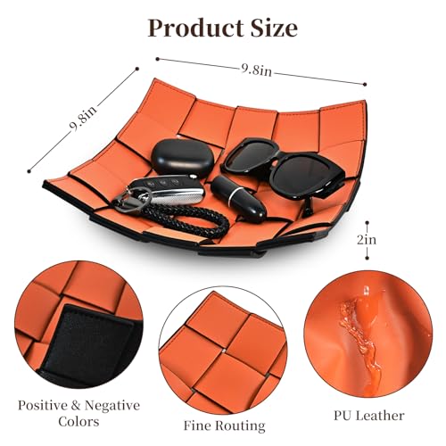 MSJGA Valet Tray PU Leather Key Holder Bowl for Women and Men Entryway Table Nightstand Desk Tray for Wallet Keys Mens Gift Orange Black 98 L x 98 W x 2 H - Image 3