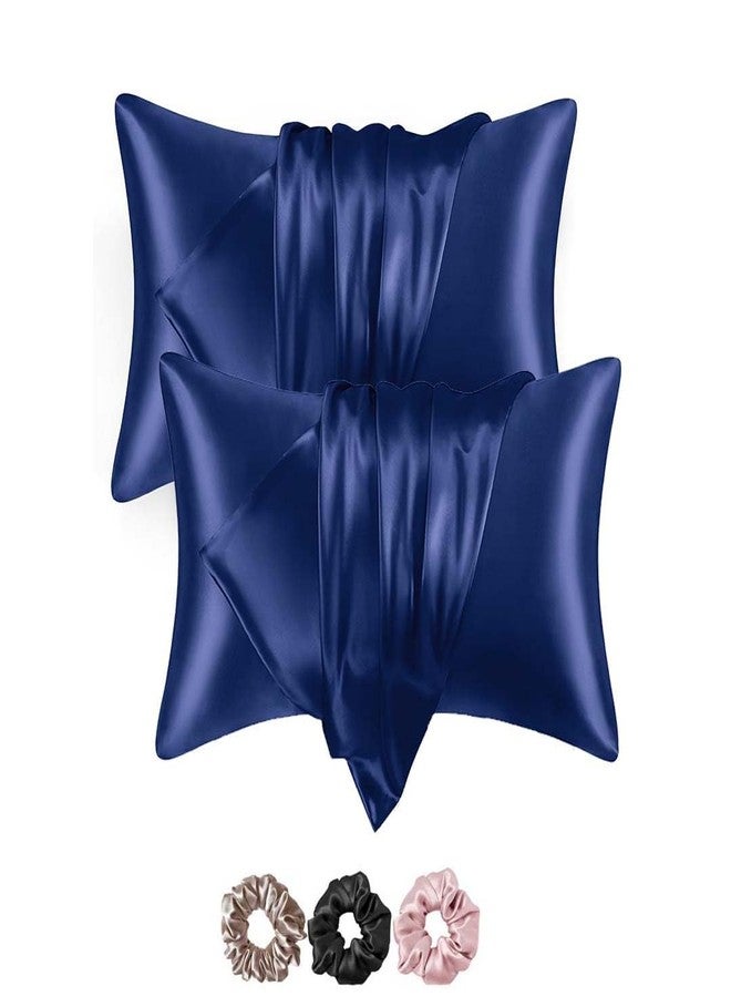 WEXUS Solid 150 Tc Satin Silk Pillow Cover 2 Piece | 3 PC Multicolor Scrunchies | with Envelope Closure Design | Comfortable for Hair and Skin | Case Set - 18"x28" inches (Blue) - Image 1