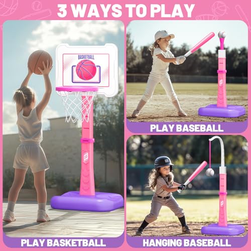 ShyLizard 3 in 1 Kids Basketball Hoop and T Ball Set Adjustable Height Toddler Basketball Hoop Hanging Tee Baseball Indoor Outdoor Sports Toys Gifts for Toddlers Boys Girls Ages 3 4 5 YearPink - Image 5