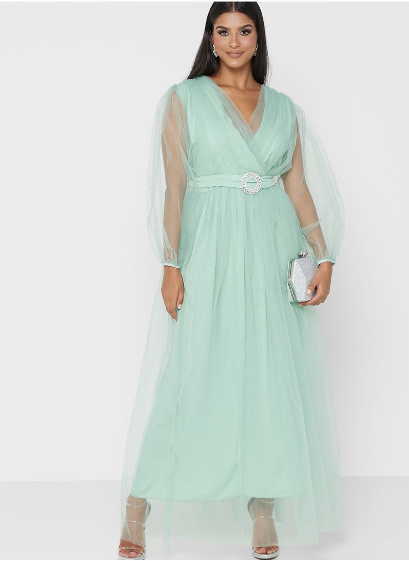 hayas closet Surplice Neck Mesh Plisse Belted Dress  - Image 1