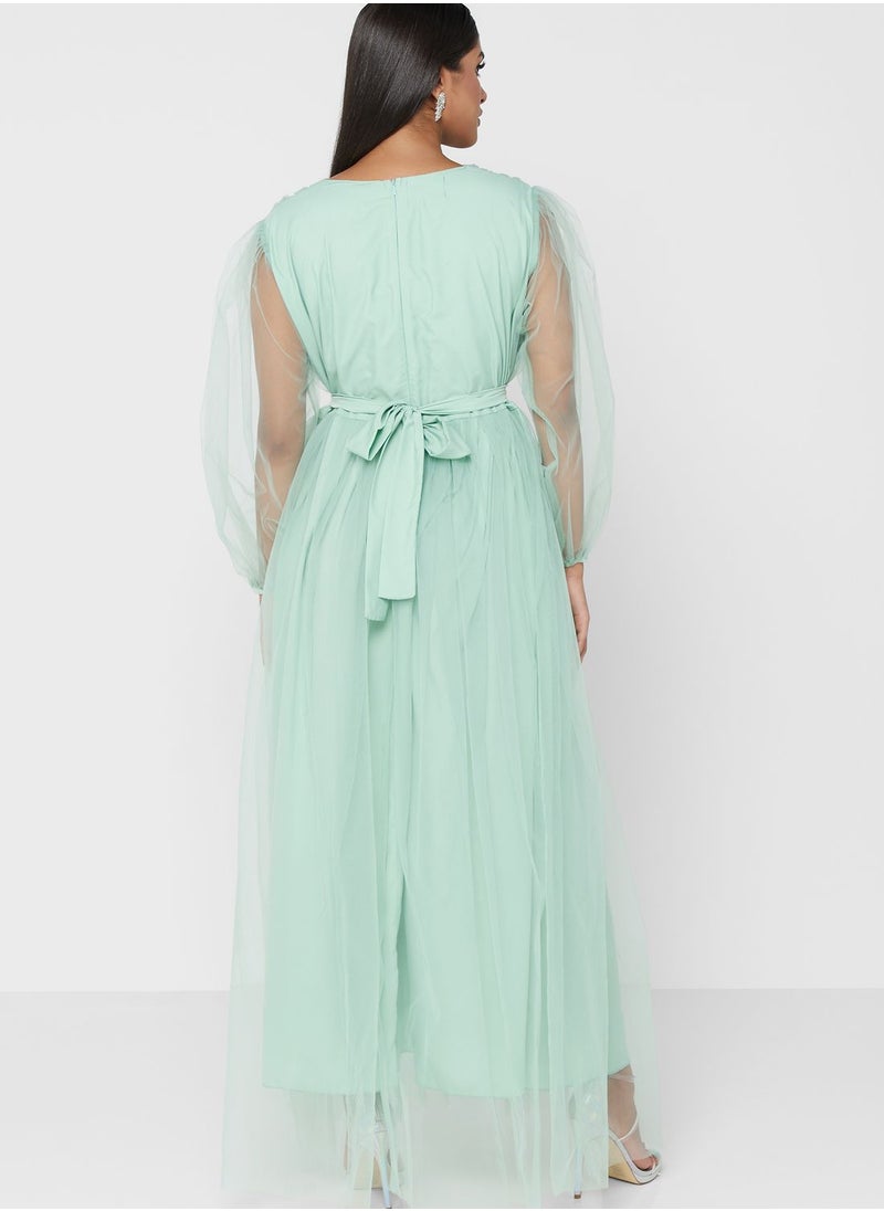 hayas closet Surplice Neck Mesh Plisse Belted Dress  - Image 2