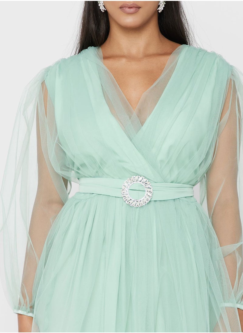hayas closet Surplice Neck Mesh Plisse Belted Dress  - Image 3