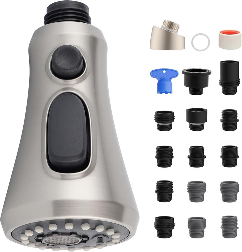 iFealClear Universal Pull Down Kitchen Faucet Head Replacement, 3 Function Anti-Splashing Faucet Head for Kitchen Sink, Kitchen Faucet Head Replacement Female Thread with 15 Adapters, Brushed Nickel - Image 1