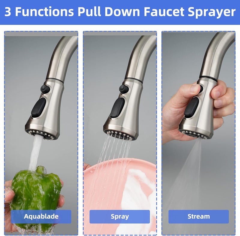 iFealClear Universal Pull Down Kitchen Faucet Head Replacement, 3 Function Anti-Splashing Faucet Head for Kitchen Sink, Kitchen Faucet Head Replacement Female Thread with 15 Adapters, Brushed Nickel - Image 5