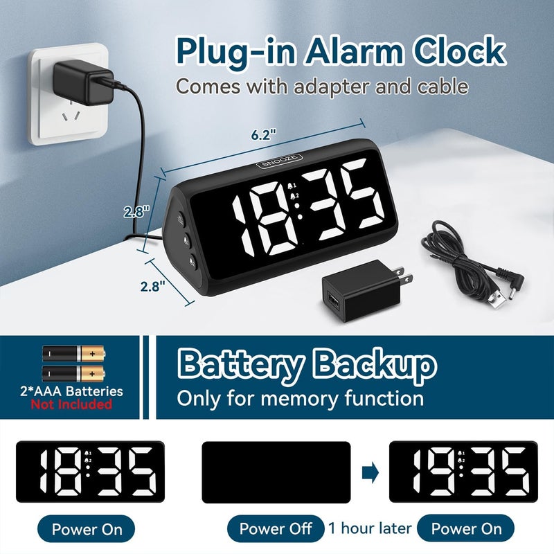 Netzu Digital Alarm Clocks for Bedrooms, Loud Alarm Clock with Dual Alarms, Bold Digits, 5 Dimmers, 4 Volumes, Snooze, Bedside Clock for Deep Sleepers Kids Teens Seniors, Plug in Clock, Easy to Set - Image 5