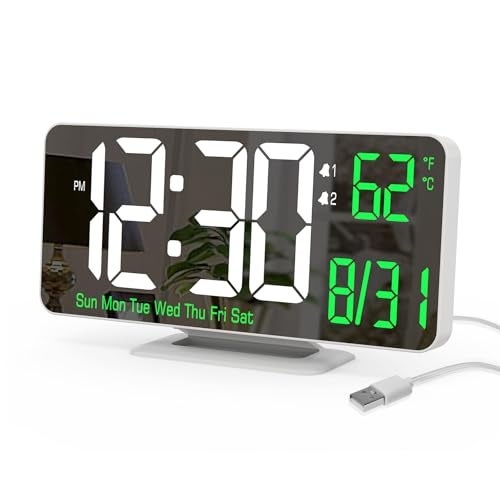 KOSUMOSU Alarm Clock for Bedroom, 6.7" Led Desk Digital Clock,Mirror Clock,Dual Alarm Clock for Living Room with Seconds,Date,Week,12/24h,Dimming,Temp - Image 1
