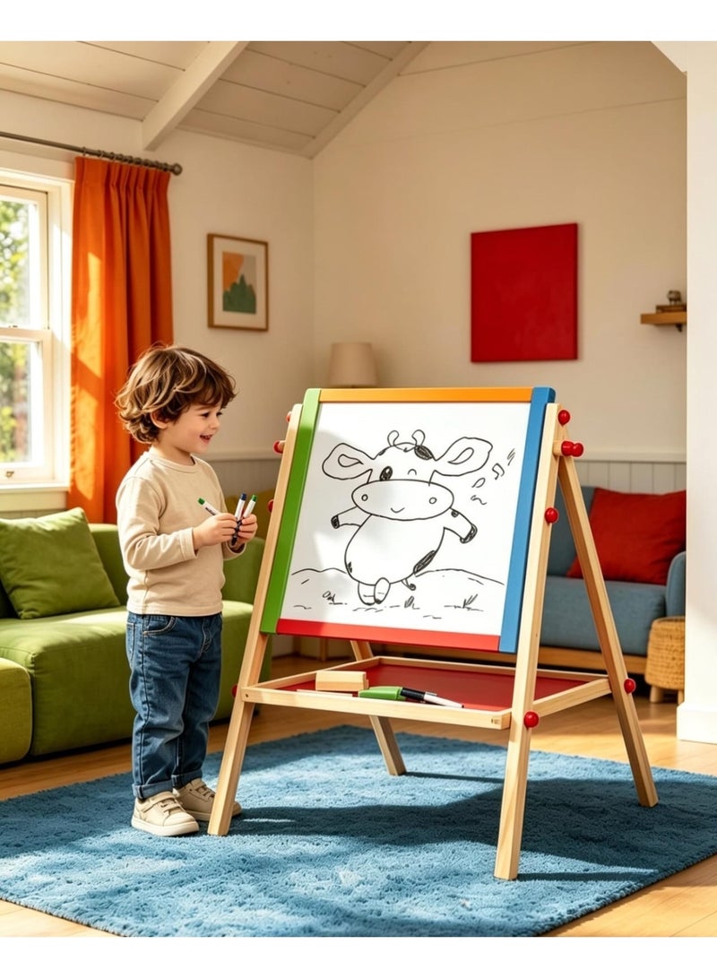 لوحة رسم مغناطيسية خشبية مزدوجة الوجه للأطفال – مع رف تخزين وملحقات كاملة، تعلم ومتعة في مكان واحد. - Image 3