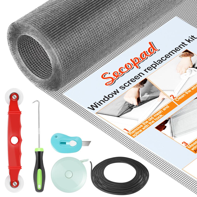 Secopad Window Screen Door Repair Kit 48 x 177 Screen Door Mesh Replacement Kit Durable Fiberglass Mesh Roll with Tools for Windows Doors Patio and Porch Replacement Grey