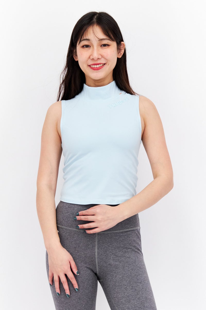 TRIBE OF 6 Women High Neck Sleeveless Embroidered Logo Tank Top, Light Blue - Image 1