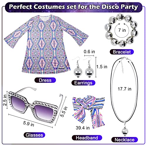 MRYUWB 70s Women Disco Dress Hippie Costumes Necklace Earrings Glasses, 60s 70s Birthday Outfits, 1970s Clothing Prom Dresses - Image 5