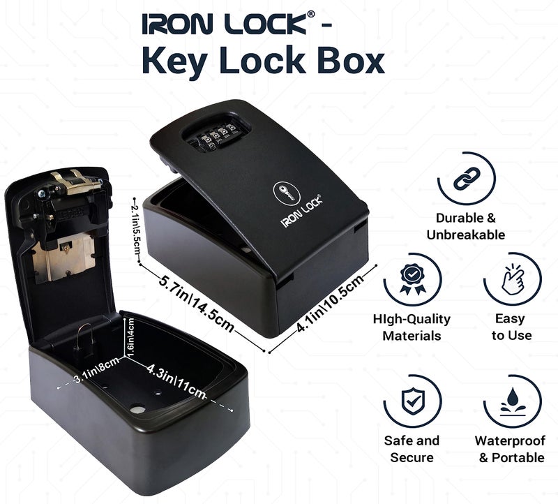 Iron Lock® Key Lock Box XXL Wall Mount for Keys 4 Digit Combination with Resettable Code with A B Switch Extra Large lockbox Indoor Outdoor Waterproof Big Key Lock Box House Spare Keys (XXL, Black) - Image 4