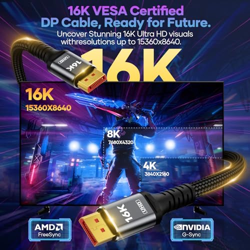 Green Jiss 80Gbps Displayport Cable 2.1 5FT, [VESA Certified] DP 2.1 Cable 16K Military-Grade Braided Cable, 16K@60Hz, 8K@120Hz, 4K@240Hz, Compatible HDR10 DSC 1.2a, FreeSync G-Sync Gaming Monitor 5090 7900XTX - Image 2