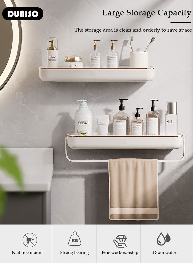 DUNISO 2PCS Bathroom Towel Shelf, Bathroom Shower Caddy Organizer Shelf Rack with Towel Bar and Hook, Wall Mounted Bathroom Storage Shelves, Adhesive Shelves for Bathroom Organization  - Image 3