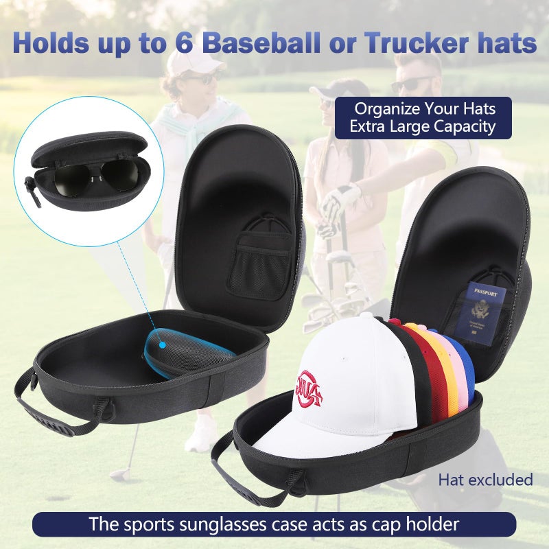 Anguu Hat Travel Case, Hard Hat Carrier Organizer with Clip & Glasses Storage, Holds 6 Baseball Caps for Home/Travel - Black - Image 3