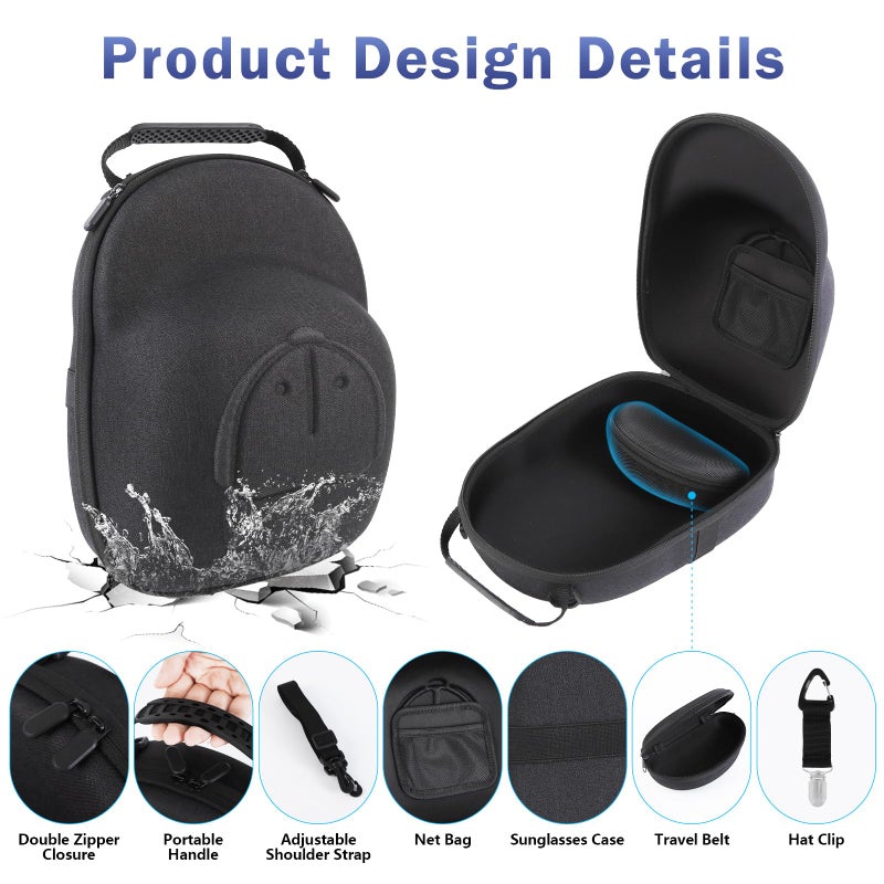 Anguu Hat Travel Case, Hard Hat Carrier Organizer with Clip & Glasses Storage, Holds 6 Baseball Caps for Home/Travel - Black - Image 4