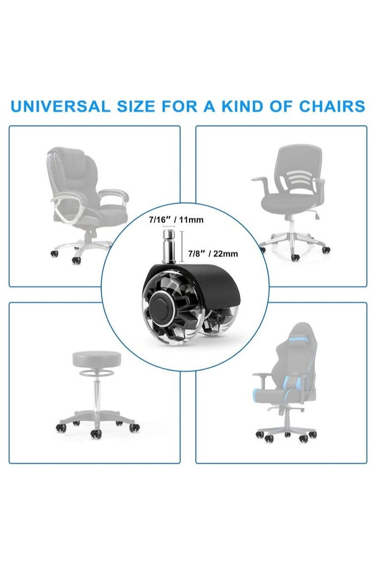 عجلات عجلات كرسي المكتب (مجموعة من 5) ، عجلات الكرسي الثقيلة دعم 2200lbs ، عجلات كرسي المطاط الصامت للأرضيات الخشبية والسجاد ، 2 بوصة عالمية مناسبة (أسود) - Image 2