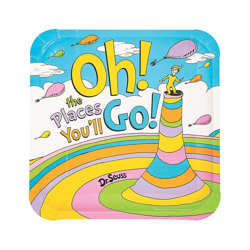 Fun Express Multicolor Paper Dr. Seuss Oh  the Places You'll Go Dinner Plates - 9"" (Pack of 8) - Unique Design  Durable & Eco-Friendly Material - Ideal Graduation Party