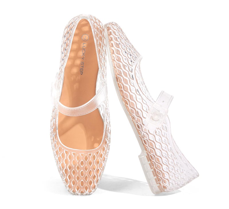 LUCKY STEP Women's Jelly Ballet Flats - Buckle Strap Comfortable Casual Mary Jane Flat - Lightweight Mesh Clear Beach Sandals(8 M US Transparent) - Image 1