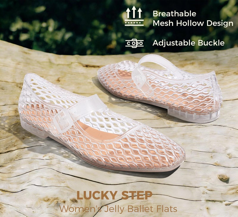 LUCKY STEP Women's Jelly Ballet Flats - Buckle Strap Comfortable Casual Mary Jane Flat - Lightweight Mesh Clear Beach Sandals(8 M US Transparent) - Image 5