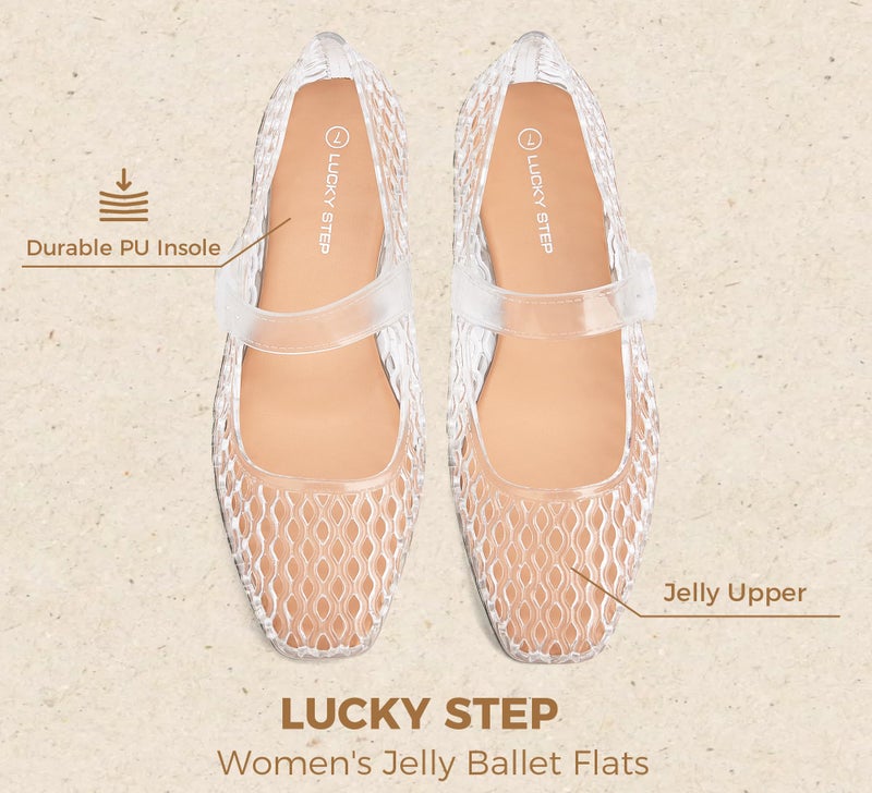 LUCKY STEP Women's Jelly Ballet Flats - Buckle Strap Comfortable Casual Mary Jane Flat - Lightweight Mesh Clear Beach Sandals(8 M US Transparent) - Image 4