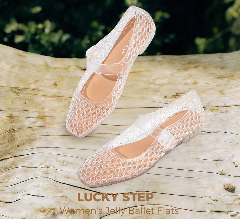 LUCKY STEP Women's Jelly Ballet Flats - Buckle Strap Comfortable Casual Mary Jane Flat - Lightweight Mesh Clear Beach Sandals(8 M US Transparent) - Image 3
