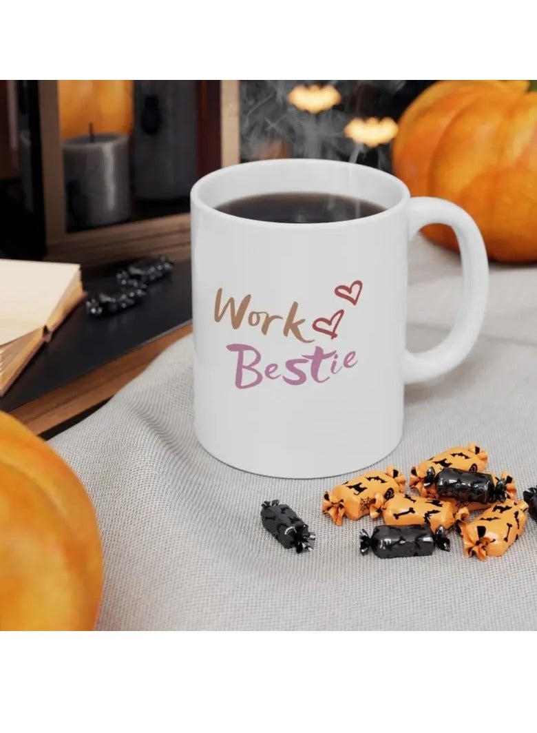 RYN 1pc CozyCup 11oz Ceramic Coffee Mug, Work Bestie Double-Sided Print, Microwave Safe, Leakproof, Reusable, with Hand Wash, for All-Season Gift - Image 1