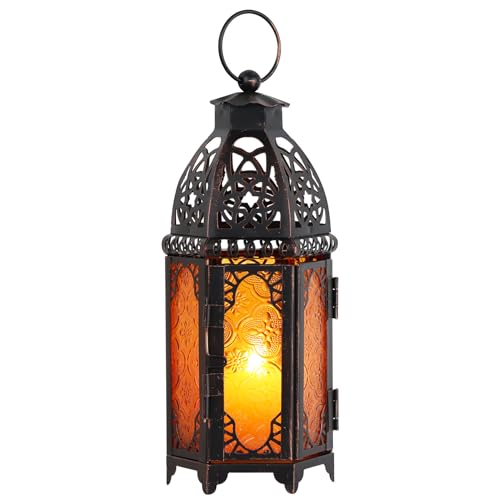 DECORKEY Moroccan Lanterns Decorative Indoor  Outdoor 11 Medium Size Vintage Metal HangingTabletop Candle Holder Decor Halloween Christmas Ramadan Decorations for Home Porch Patio Amber