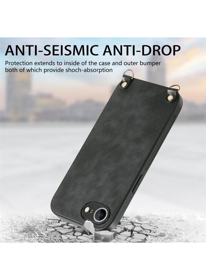 S-TOP Case For iPhone 16e Vintage Leather PC Back Cover Phone Case with Crossbody Strap - Image 4