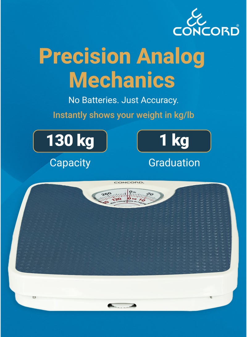 CONCORD CONCORD Mechanical Personal Scale with Analog Display, No Battery Needed, Capacity upto 130kg, Dial Calibration Gear, Bathroom Human Weighing Scale, Available in Different Colors  - Image 3