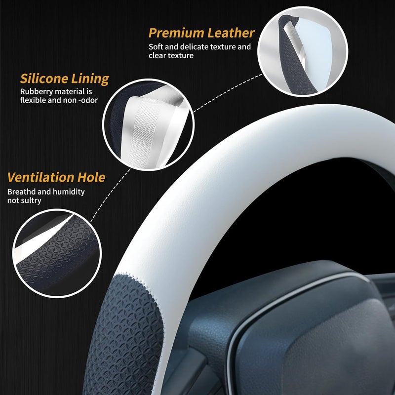 Uxcer Nappa Leather Steering Wheel Cover, Universal 14.5–15 Inch Non-Slip Breathable Steering Wheel Cover for Cars, White - Image 5