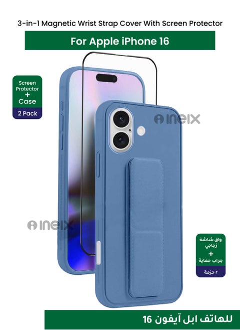 3-in-1 Magnetic Wrist Strap Hand Grip Stand Back Case Cover with Full BodyTempered Glass Screen Protector For Apple iPhone 16-Sky Blue