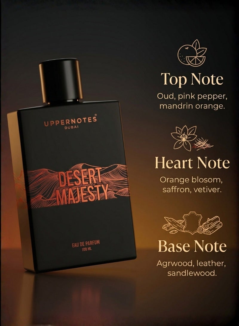 UpperNotes Desert Majesty EDP Unisex Perfume 100ml | Oud Saffron Orange Blossom Leather | Long Lasting Premium Arabic Fragrance UAE - Image 2